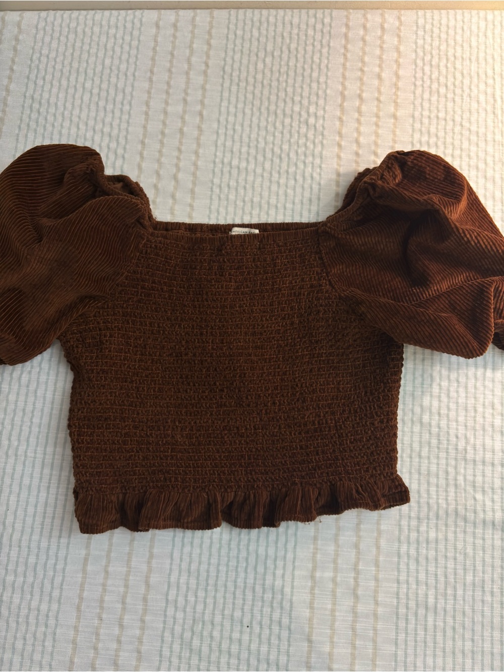 American Eagle Outfitters Brown Corduroy Smocked Puff-Sleeve Crop Top